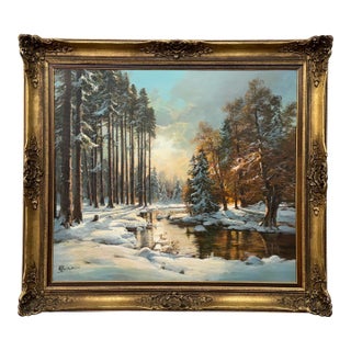 Winter Sunlight in the Forest 20th Century Realist Oil Painting by German Artist 1980 For Sale