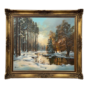Winter Sunlight in the Forest 20th Century Realist Oil Painting by German Artist 1980