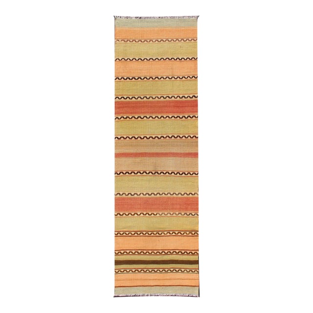 Vintage Turkish Hand Woven Kilim Runner With Stripes in Red, Green, Yellow, and Orange For Sale