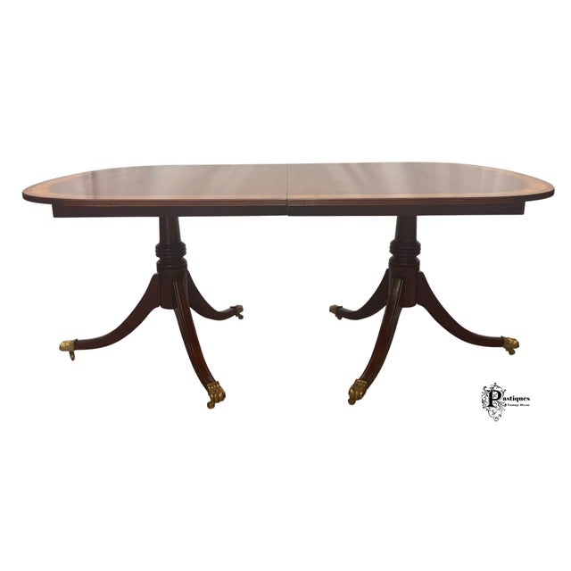 Sheraton Vintage Traditional Federal Style Mahogany & Satinwood Banded Extension Dining Table For Sale - Image 4 of 12