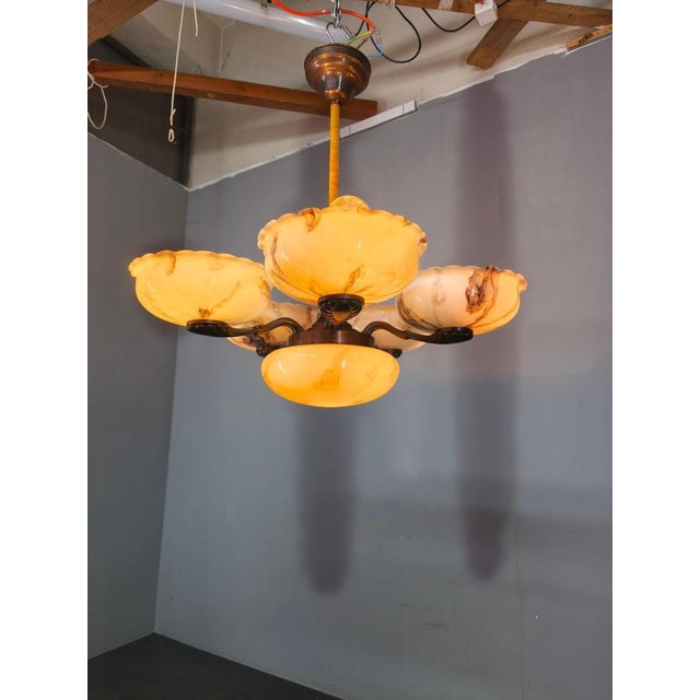 Czech Art Deco Brass Opaline Glass Chandelier, 1940s For Sale - Image 10 of 11