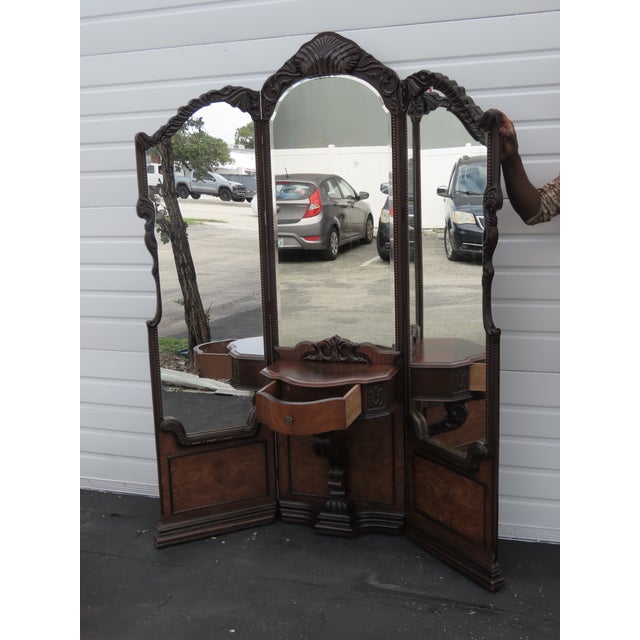 1920s Carved Tri Fold Vanity Makeup Dressing Table and Stool 6454 For Sale - Image 15 of 18