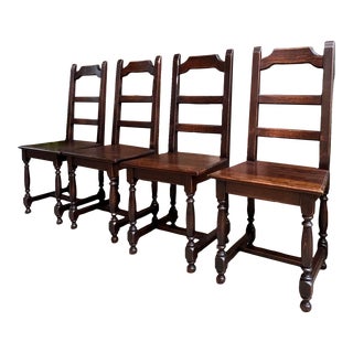 Set 4 Antique French Country Dining Chair Ladder Back Carved Dark Oak For Sale