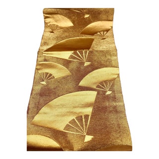 Mid Century 50s Japanese Brocade Silk Obi Gold Red Summer Fans Wedding Antique Vintage For Sale