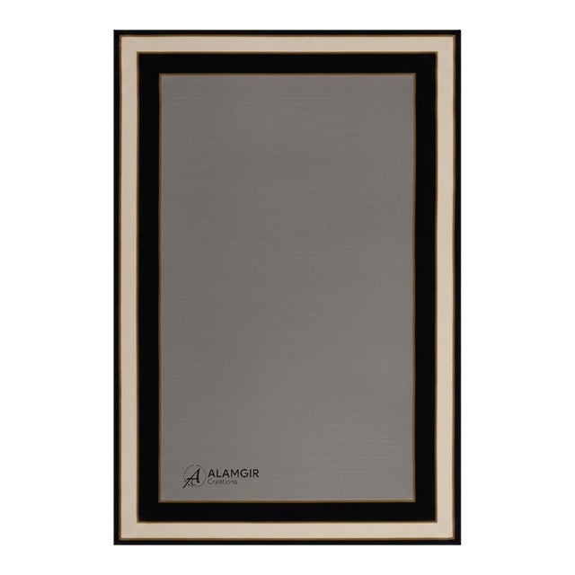 Hand-Tufted Ivory & Black Border Wool Rug With Viscose Golden Outline For Sale