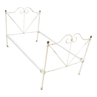 Antique Chippy White Brass Accented Twin Bedframe For Sale