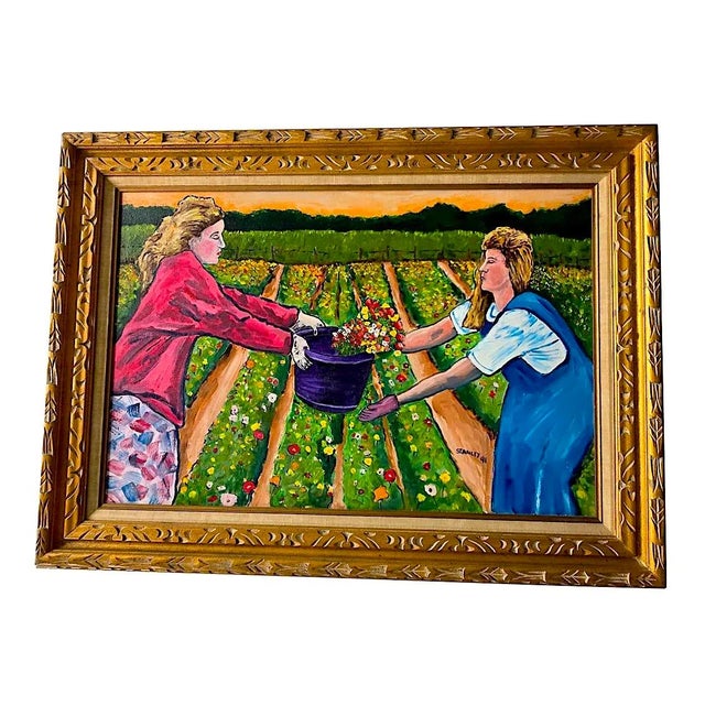 Offered is a 1991 painting of two women working in a field of flowers in acrylic and signed "Stanley 91". It comes in a...
