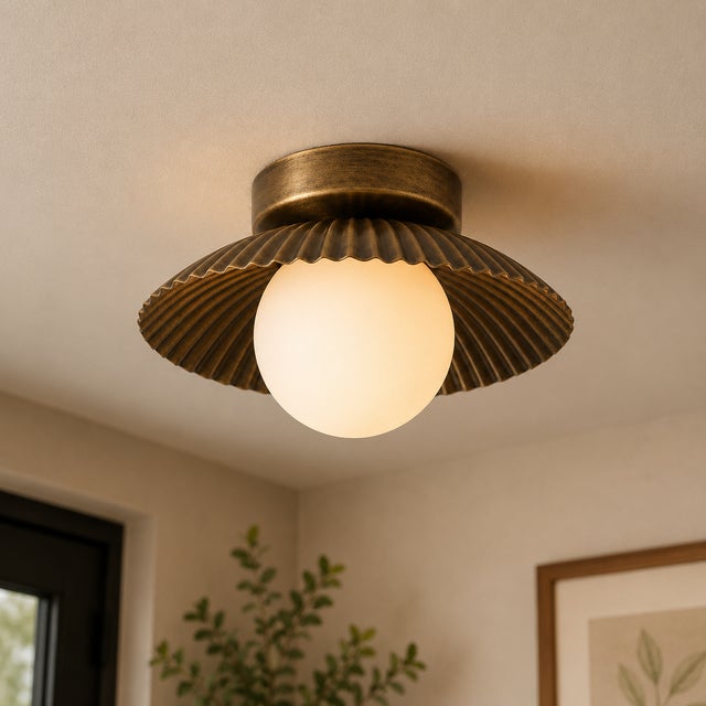 Not Yet Made - Made To Order Solid Brass Fluted Flush Mount Ceiling Light With Opal Glass Globe For Sale - Image 5 of 8