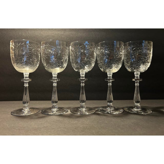 Antique 1930’s Rock Sharpe Crystal Stem Wine Glasses Paisley Pattern Set of 5 For Sale - Image 4 of 9