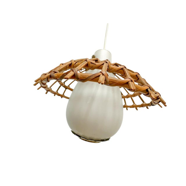 Wood Vintage Rattan Bamboo and Opaline Glass Cascade Lamp, 1960s For Sale - Image 7 of 13