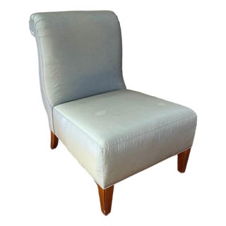 Pair of Barbara Barry for Baker Celadon Silk, Scroll Back Slipper Chairs For Sale