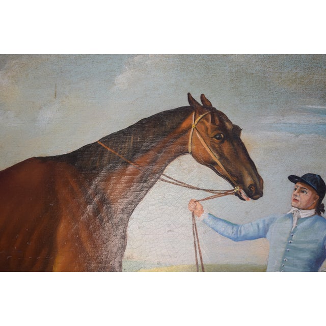 Blue Silks Jockey W/ Racehorse in Landscape Oil on Canvas For Sale - Image 4 of 5