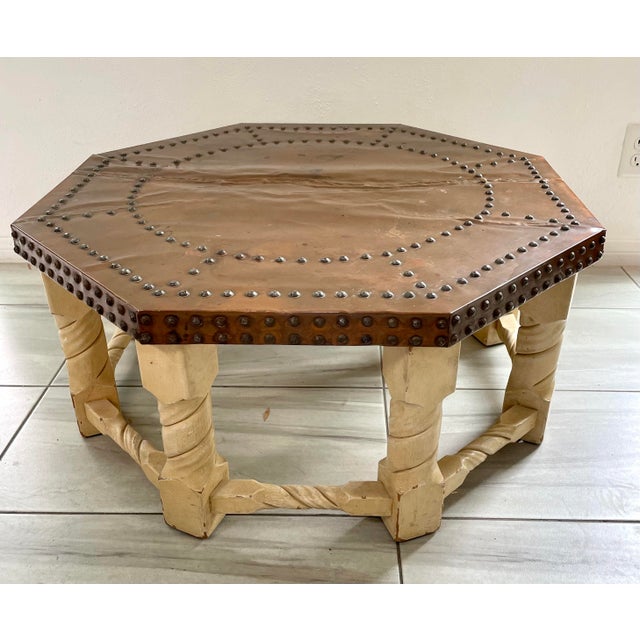 Wood 1960s Brown-Saltman Spanish Mission Style Copper-Top Octagonal Cocktail Table For Sale - Image 7 of 12