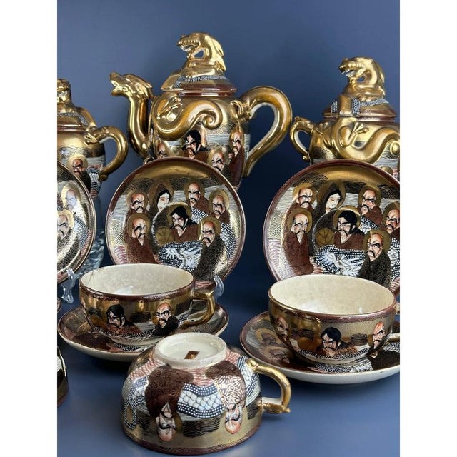 Antique Japanese Meiji Hand-Painted Shimazu Satsuma Tea Service with Moriage Kannon Immortals and Dragons, Set of 14 For Sale - Image 3 of 11