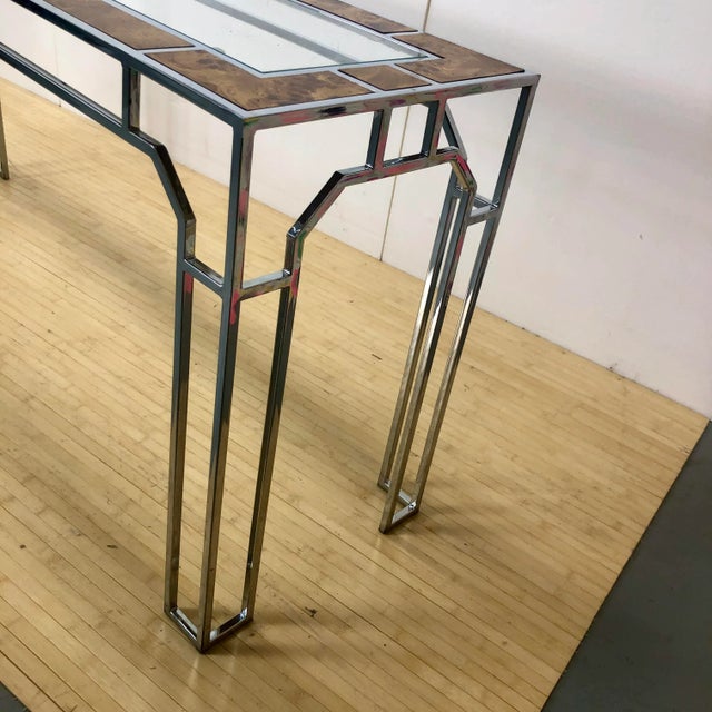 Entryway or sofa console table with a heavy chrome plated steel frame, burlwood top and beveled glass panes Attributed to...