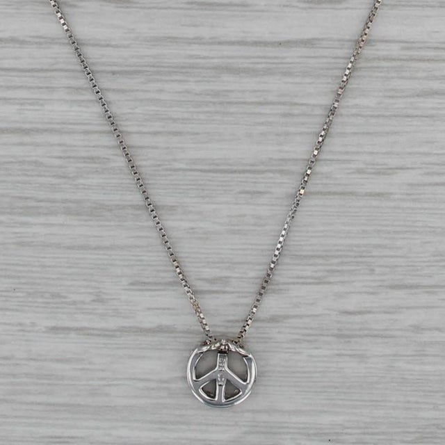 0.16ctw Diamond Peace Sign Pendant Necklace 14k White Gold 17.5" Box Chain For Sale - Image 4 of 6
