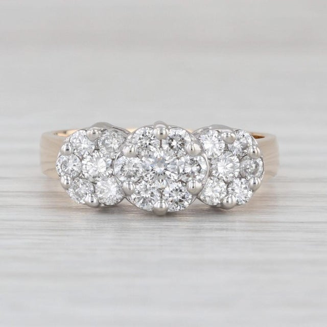 Modern 0.75ctw Diamond Flower Clusters Ring 14k Yellow White Gold Size 7.25 Engagement For Sale - Image 3 of 8