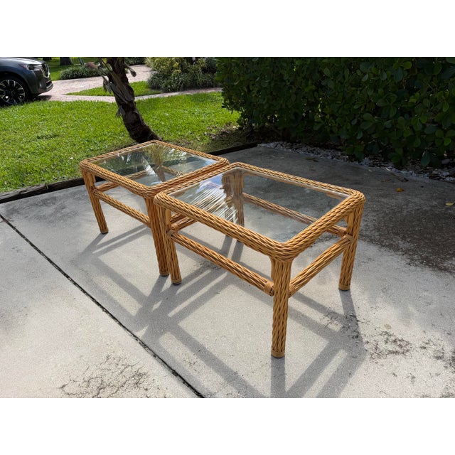 Brown Vintage Woven Rattan End Tables With Glass Tops, Pair For Sale - Image 8 of 12