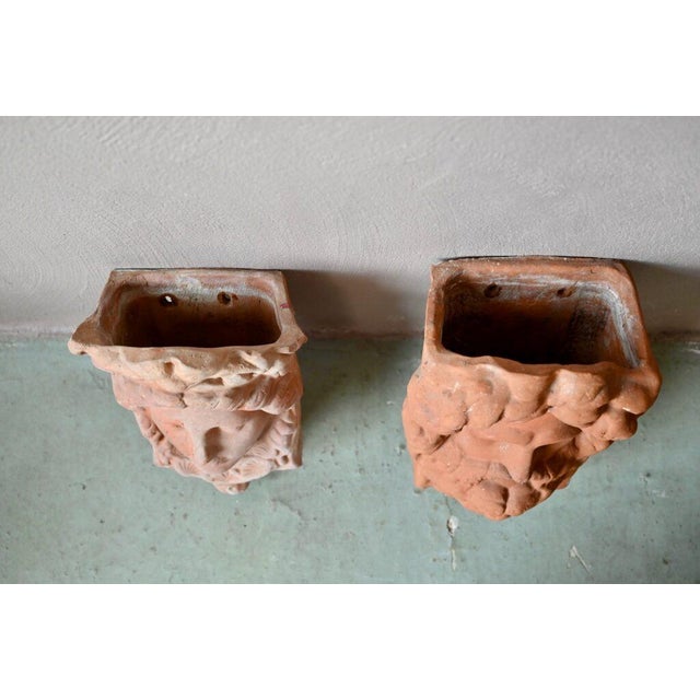 Beige Bohemian Country Chic Terracotta Wall Planters with Patinated Divine Faces, Set of 2 For Sale - Image 8 of 10