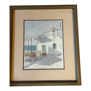 Mid 20th Century Mid-Century Modern Greek Seaside Café Watercolor by Pamela Plant, Signed For Sale