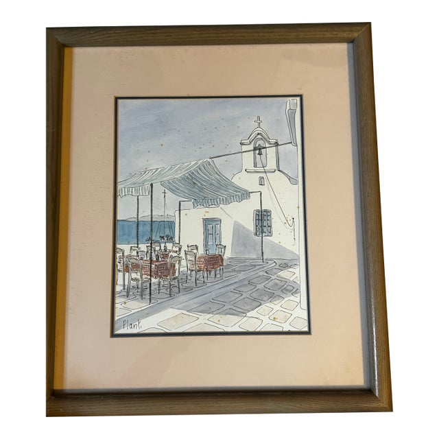 Mid 20th Century Mid-Century Modern Greek Seaside Café Watercolor by Pamela Plant, Signed For Sale