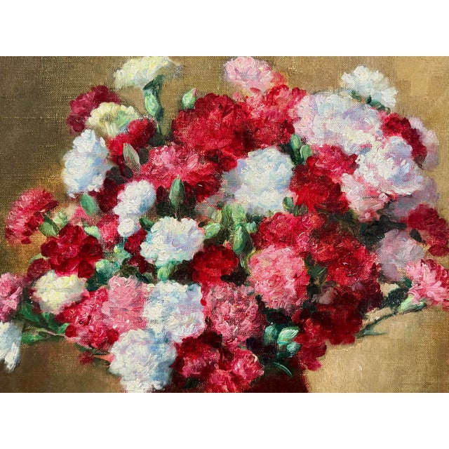 Victor Abeloos, Bouquet of Carnations on a Gingham Tablecloth, 1920, Oil Painting on Canvas, Framed For Sale - Image 12 of 15