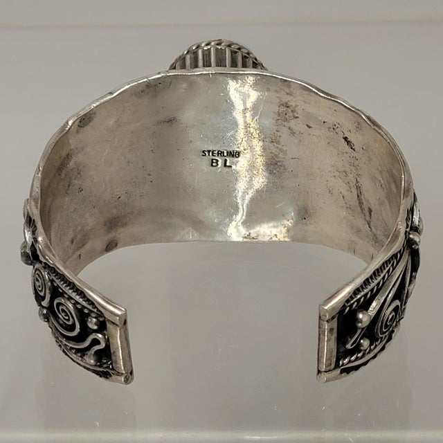 1970s Vintage Navajo Sterling Silver Cuff Bracelet With Large Turquoise Signed For Sale - Image 5 of 11