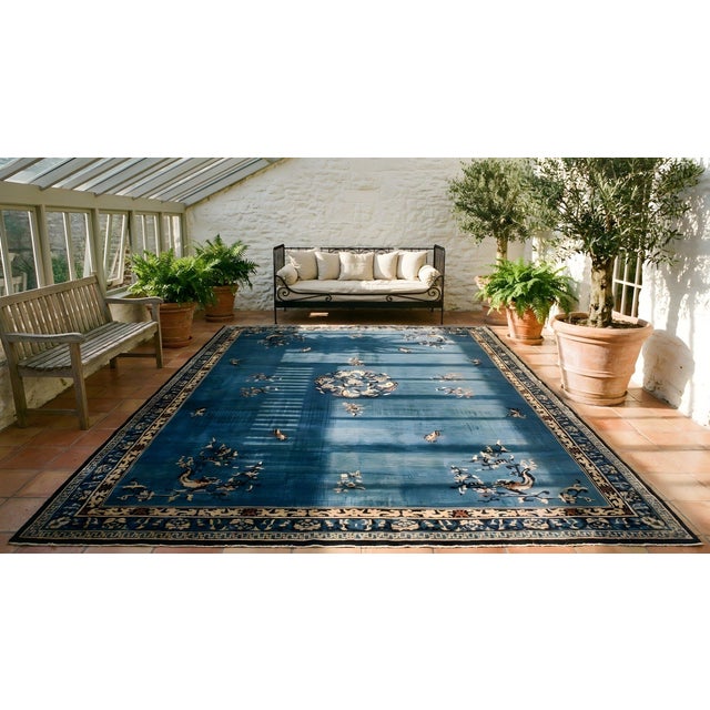 1920s Royal Blue Medallion Floral Antique Chinese Rug 14'6" X 20'2" Handknotted Wool Carpet For Sale In New York - Image 6 of 8