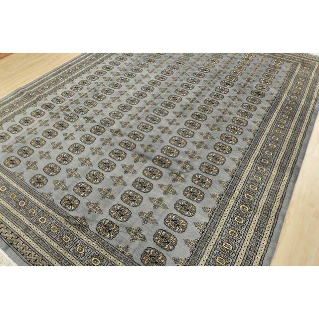 Tribal Bokhara Rug 9’1” X 11’11” Gray Wool Tribal Hand-Knotted Oriental Carpet For Sale - Image 3 of 13