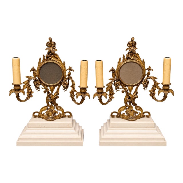 Pair of Rococo-Style Brass Two-Light Candelabra With Miniature Mirrors For Sale