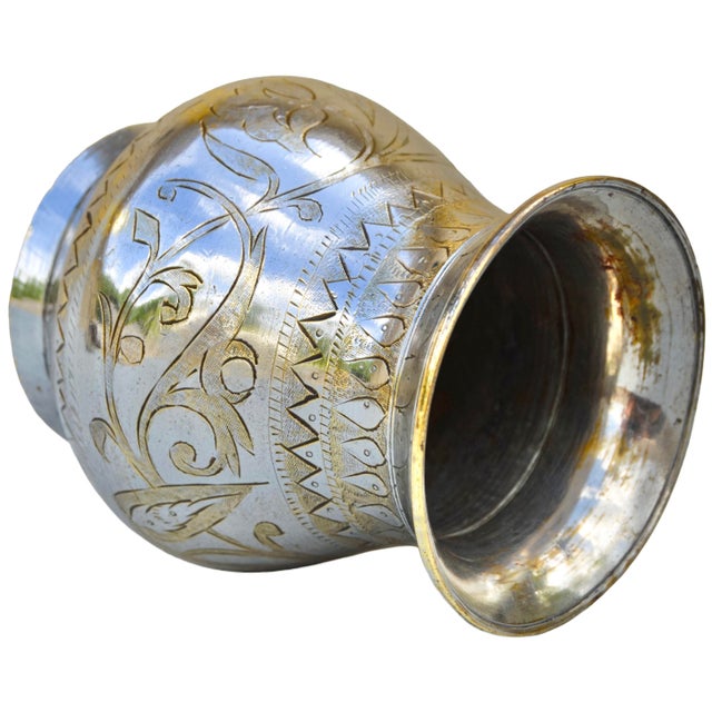 Early 20th Century Handmade Moorish Silver Vase W/ Brass Floral Engravings For Sale In New York - Image 6 of 9