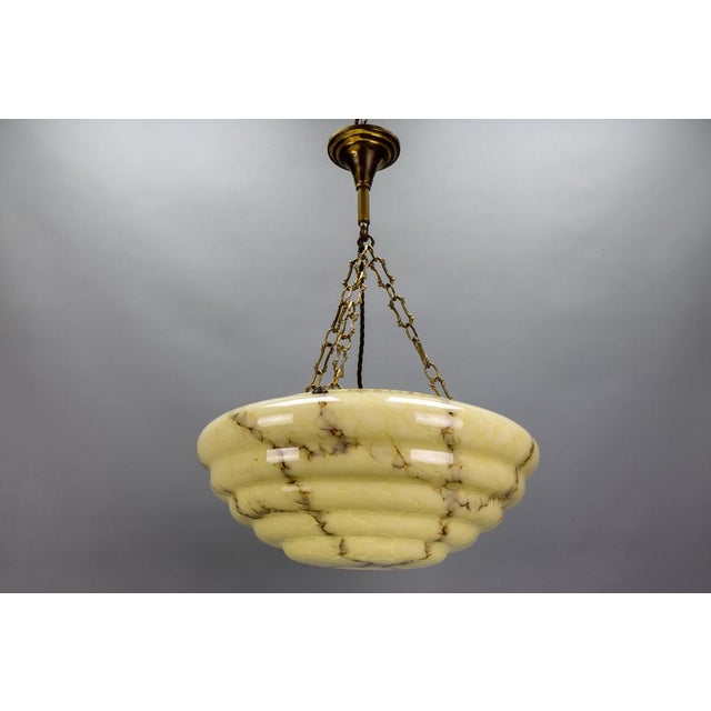 Art Deco Layered Marbled Yellowish Beige and Brown Glass and Brass Pendant Light, 1950s For Sale - Image 3 of 18