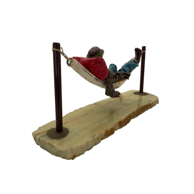 Signed Ron Lee Hobo Clown Resting in Hammock Sculpture on Natural Onyx Base, 1988 For Sale - Image 9 of 18