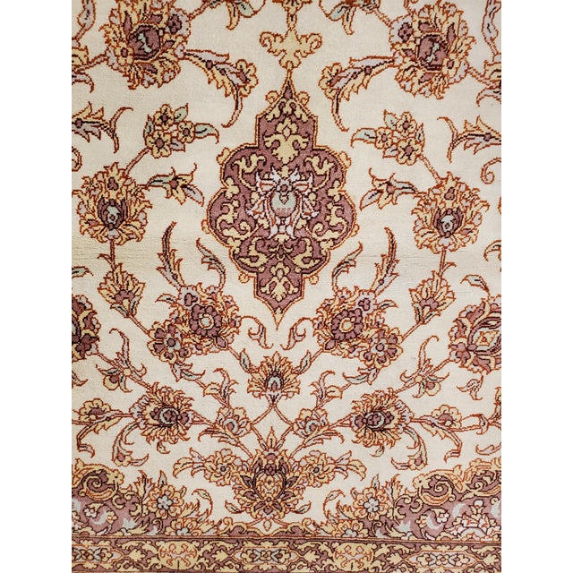 Persian Late 20th Century Rare Finely Woven Persian Silk Qum, Handmade Oriental Rug, Soft Ivory For Sale - Image 3 of 18