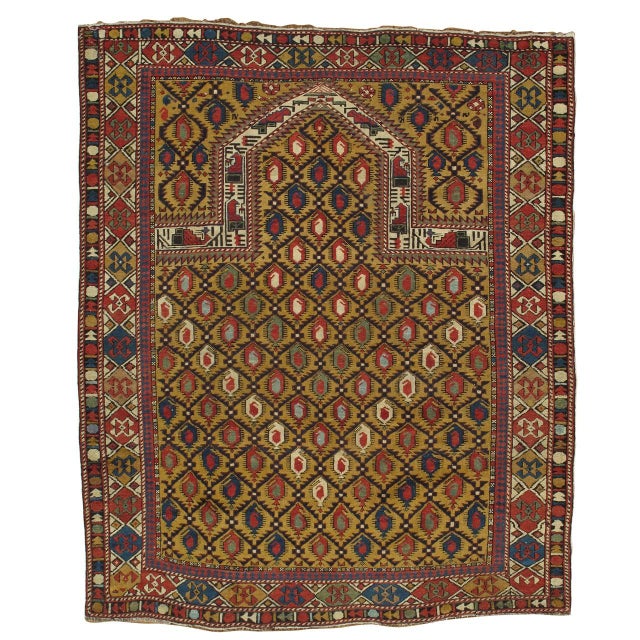 Unique Marasali prayer rug attributed to the Marasali group, this prayer rug from the Shirvan region has a brilliant...