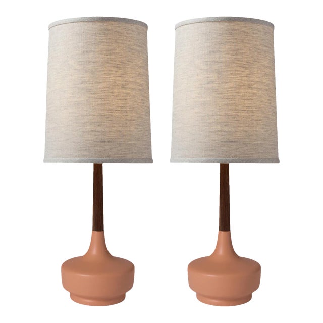 Mid-Century Table Lamp Ceramic & Walnut—Brooke Desert Rose #4—Pair For Sale