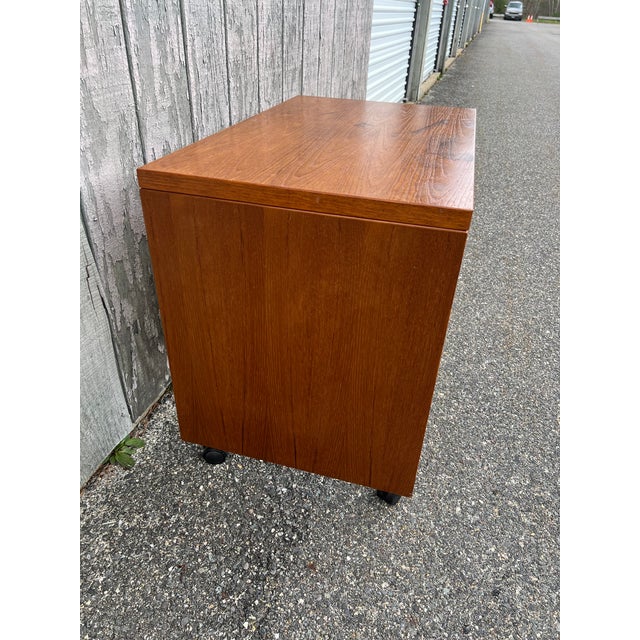 Danish Modern Teak Writing Desk With Finished Back on Castor Wheels For Sale - Image 10 of 13