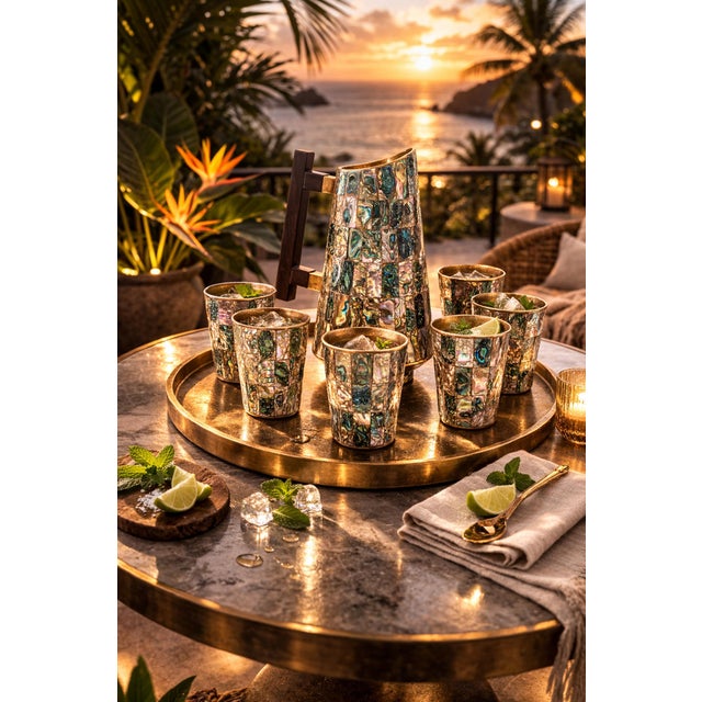 A sculptural seven-piece Mexican modernist barware set executed in solid brass and clad in hand-cut abalone shell mosaic,...