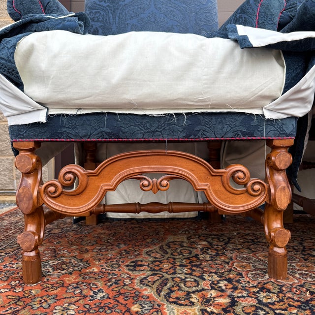 Vintage Baker Furniture William and Mary Walnut, Blue Damask Custom Built High Seat Throne Lounge Chairs - A Pair For Sale - Image 16 of 18