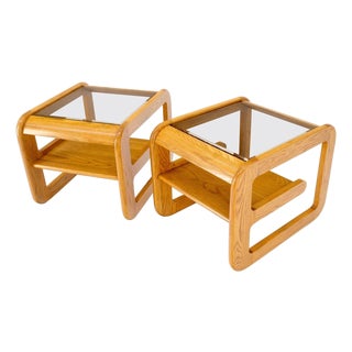 Pair of Mid-Century Solid Oak Smoked Glass Top End Side Tables W Shelves Mint! For Sale