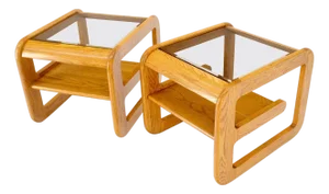 Pair of Mid-Century Solid Oak Smoked Glass Top End Side Tables W Shelves Mint!
