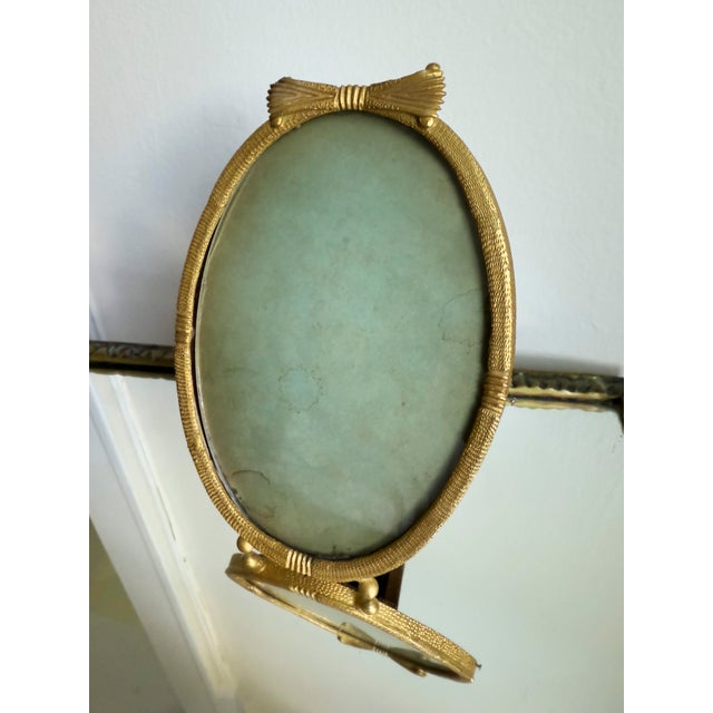 French Antique French Neoclassical Style Gilt Brass Swivel Vanity Frame Ribbon Bow Crest Tabletop Display Frame For Sale - Image 3 of 8
