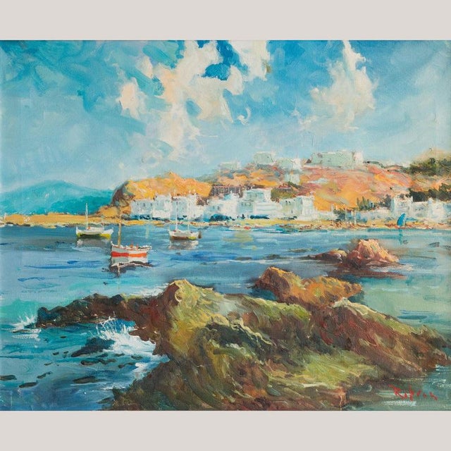 Port of Llança Coastal Harbour Scene, Oil Painting on Canvas, Framed For Sale - Image 11 of 11