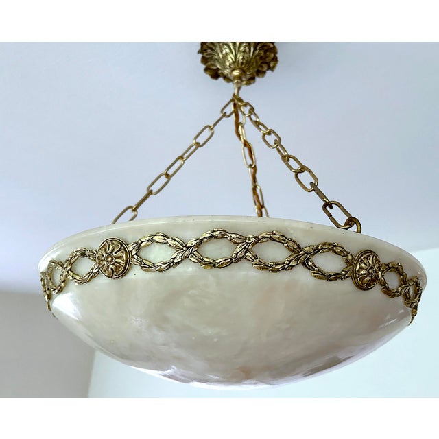 Modern French Art Deco Alabaster and Bronze Pendant Light, 1930s For Sale - Image 3 of 18