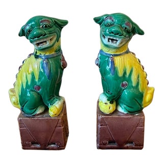 Pair of Vintage Colorful Small Chinese Porcelain Foo Dogs For Sale
