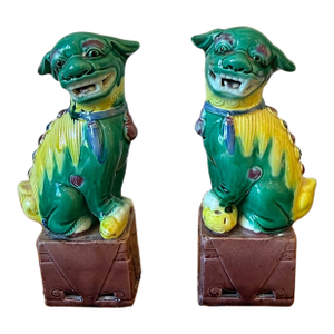 Pair of Vintage Colorful Small Chinese Porcelain Foo Dogs
