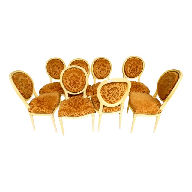 French Provincial Louis XVI Style Painted Medallion Dining Chairs, 1920, Set of 8 For Sale