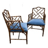 Pair of Vintage Chinese Chippendale Faux Bamboo Wood Arm Chairs For Sale