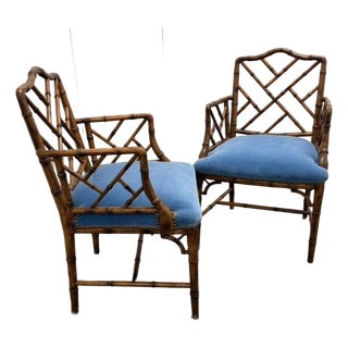 Pair of Vintage Chinese Chippendale Faux Bamboo Wood Arm Chairs For Sale