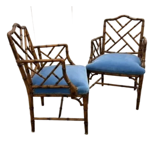 Pair of Vintage Chinese Chippendale Faux Bamboo Wood Arm Chairs